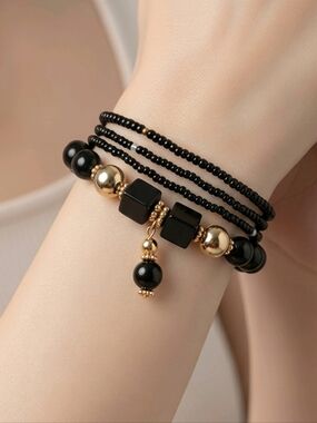 Black Gold Beaded Bracelet Set of 4 Stretch Bohemian Charm Stack Minimalist Chic
